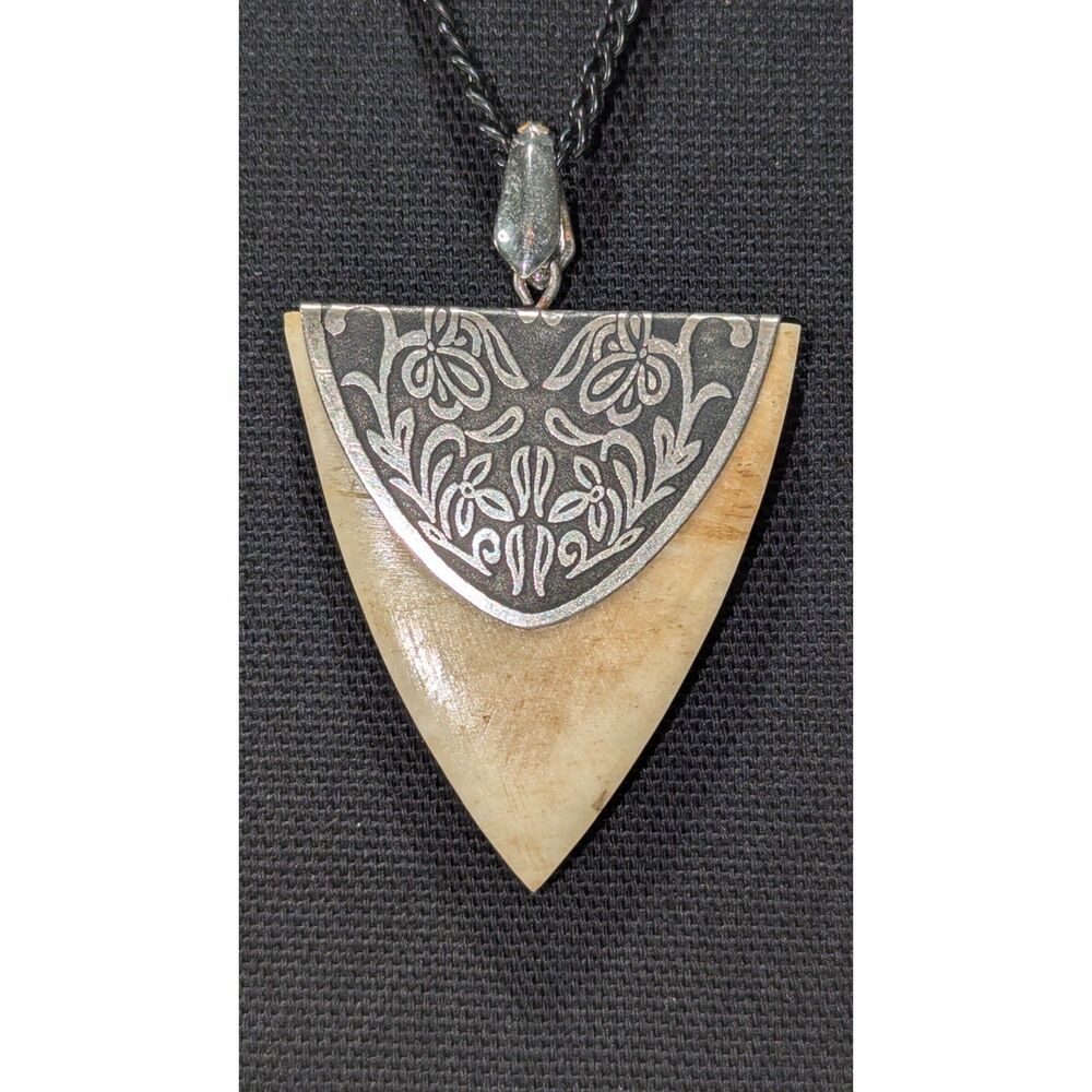 Bone Black Silver Tone Embossed Pendant Necklace